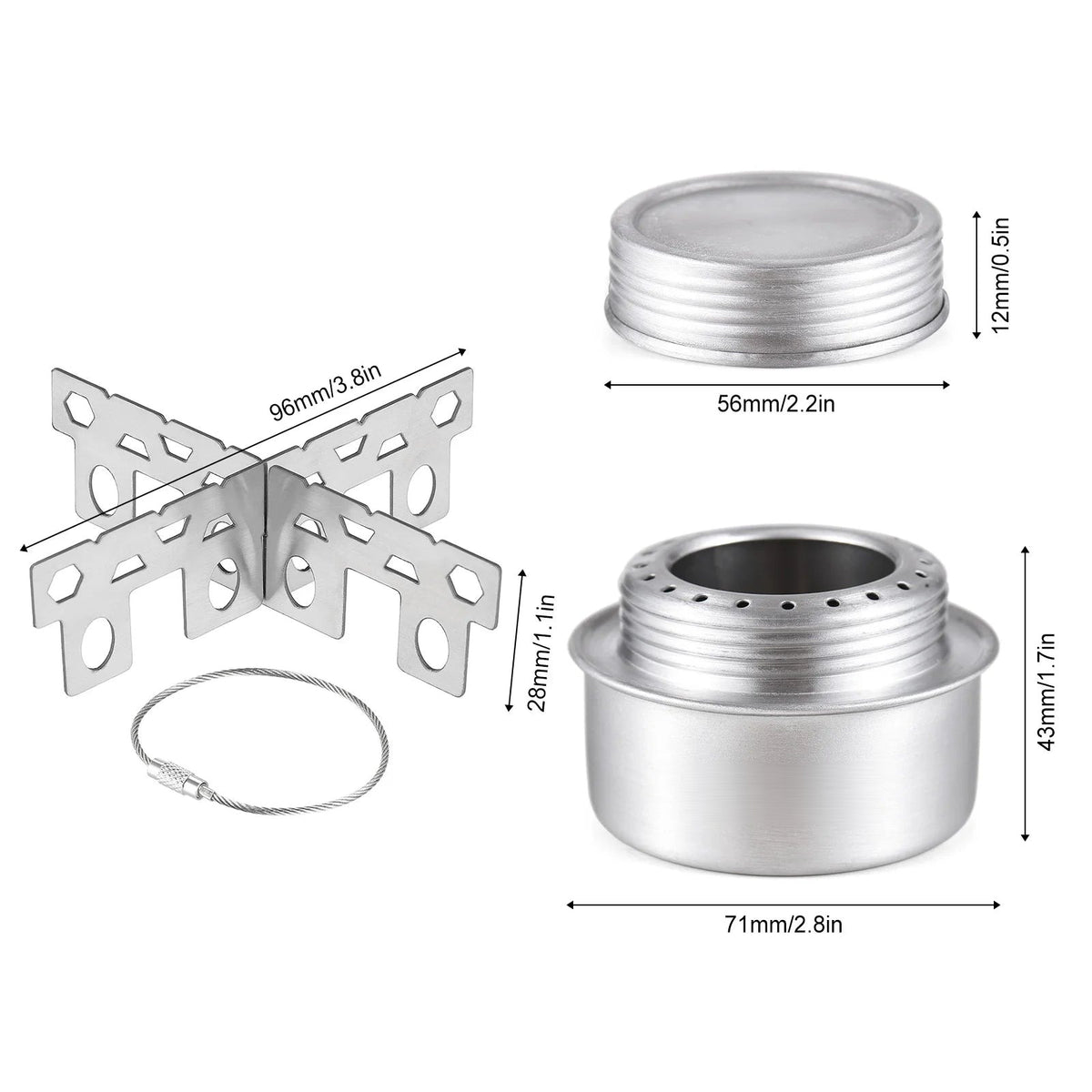 Dimensions: burner 71 mm wide, 43 mm high; stand 96 mm