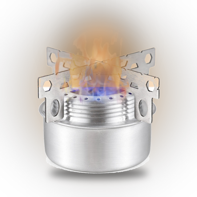 The Novixa stove lit, a small blue and amber flame under its folding pot stand