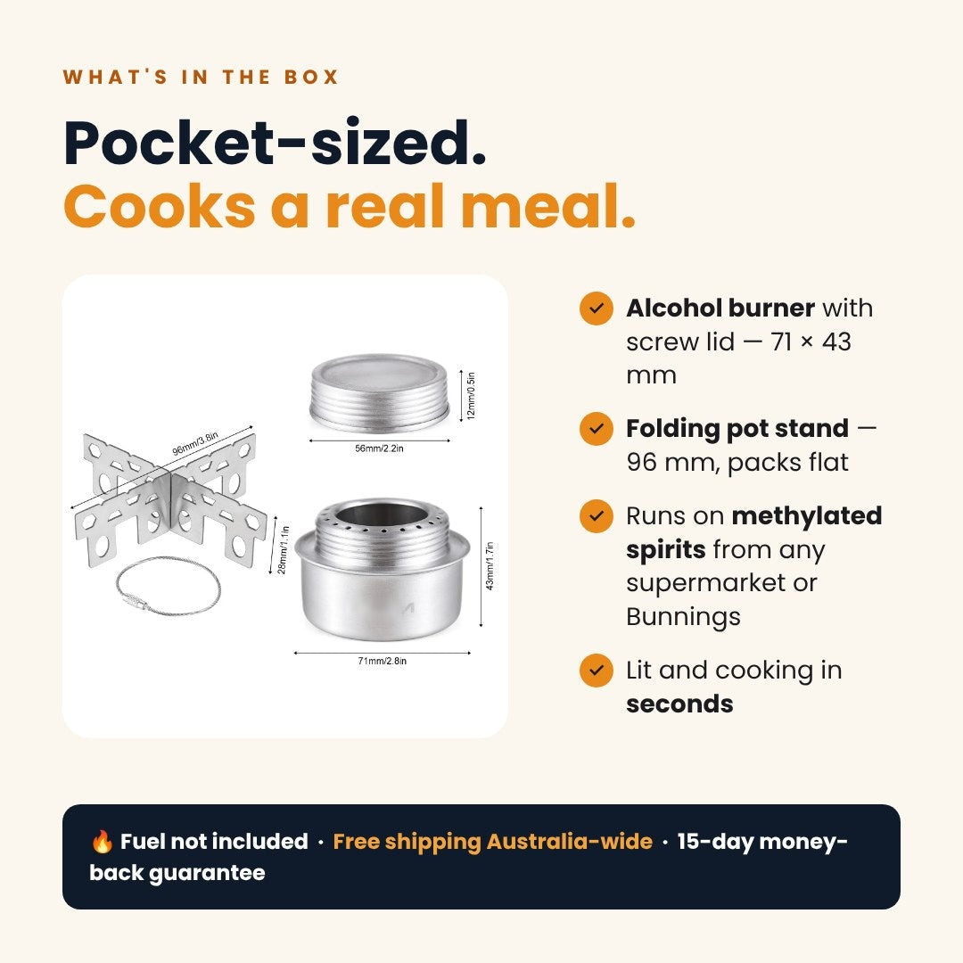 What's in the box: alcohol burner with lid and folding pot stand
