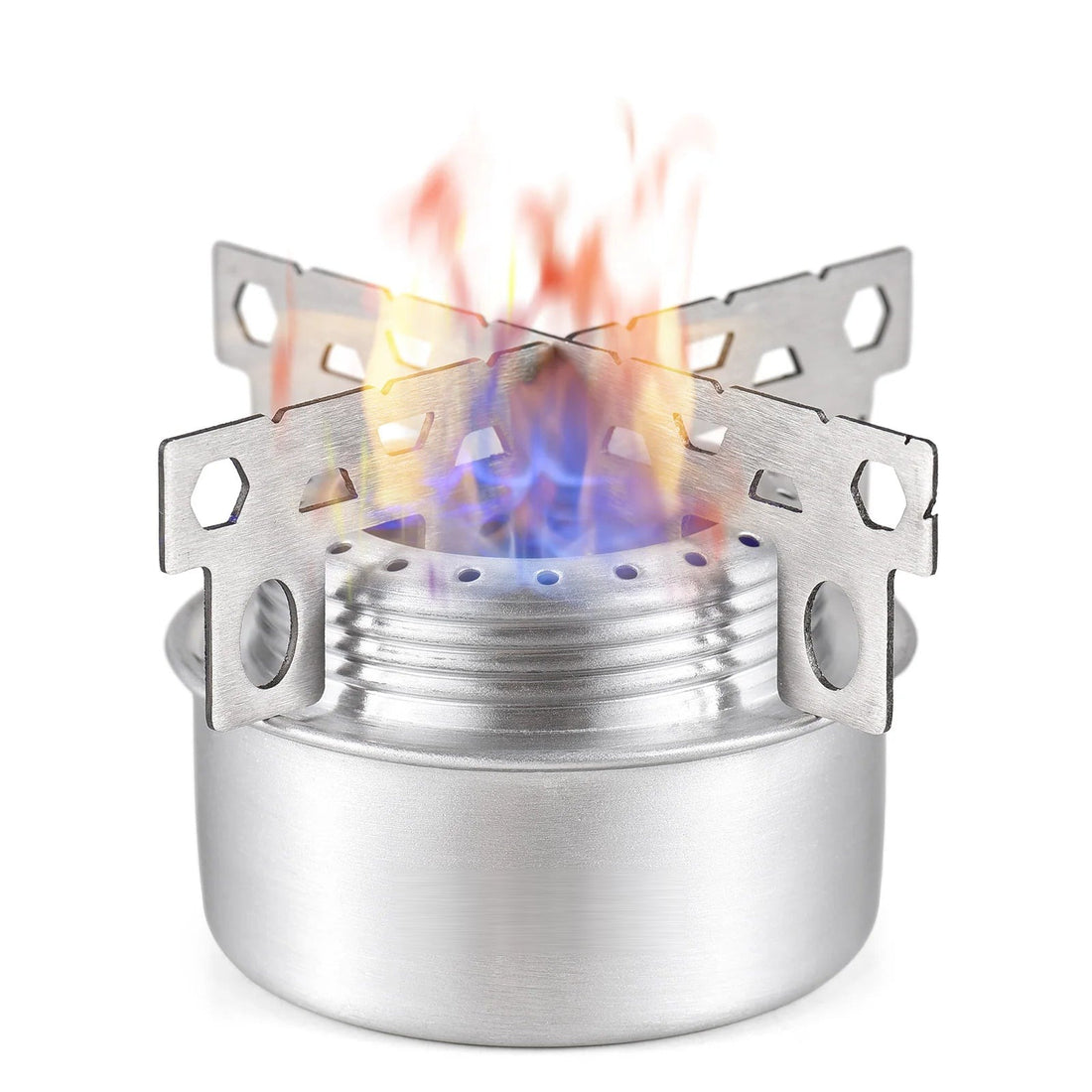 Novixa Blackout Stove lit with a blue flame on its folding pot stand