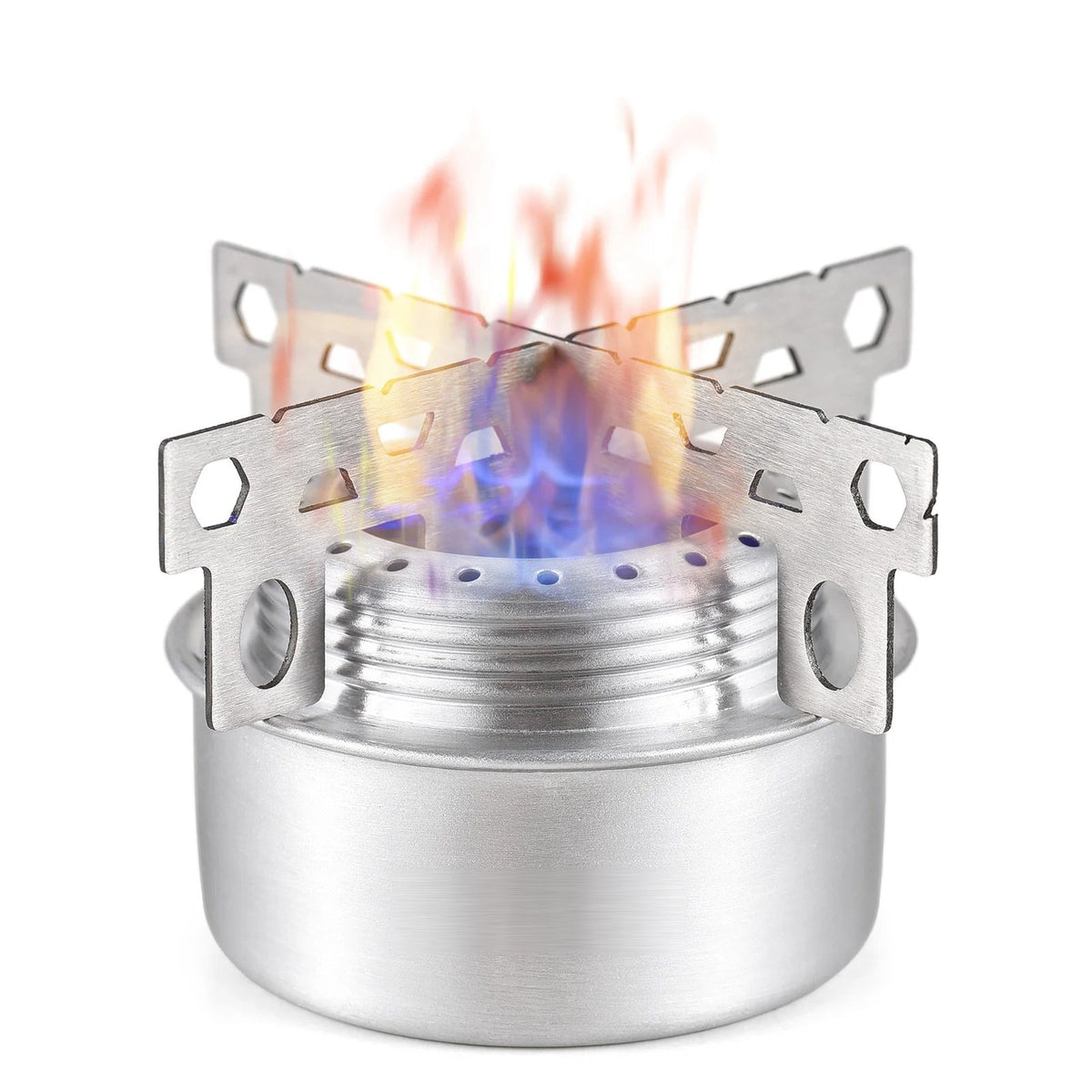 Novixa Blackout Stove lit with a blue flame on its folding pot stand