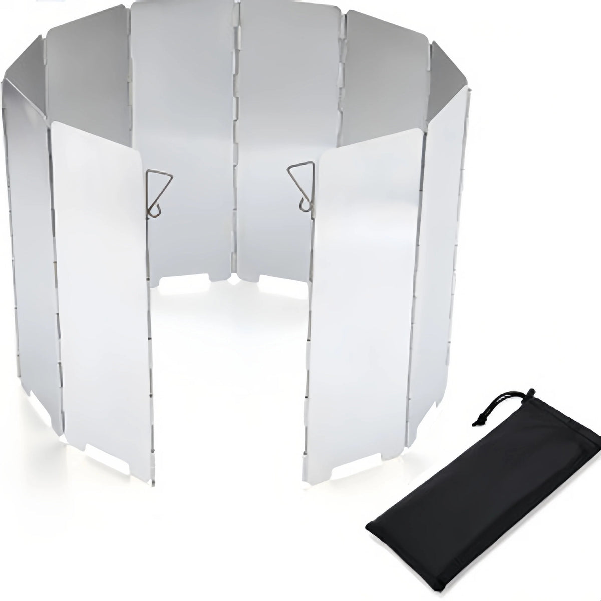 Aluminium wind shield standing open with its drawstring bag